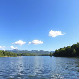 A serene landscape featuring a calm lake surrounded by lush green trees and distant mountains under a clear blue sky with a few fluffy clouds