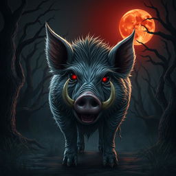 A terrifying scene of a female werepig under a blood moon