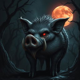 A terrifying scene of a female werepig under a blood moon