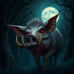 A terrifying scene of a female werepig under a blood moon