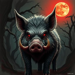 A terrifying scene of a female werepig under a blood moon