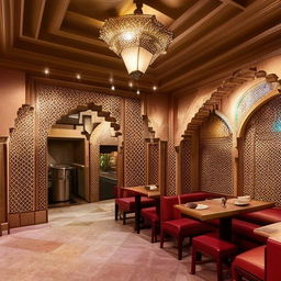 Design a 1600 sq ft Arabian Mandi eatery with budget-friendly interior, comprised of 30 percent kitchen area. Include traditional Middle Eastern architectural elements.