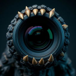 A close-up view of a camera lens designed to look like a monster