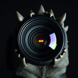 A close-up view of a camera lens designed to look like a monster