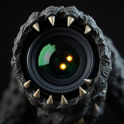 A close-up view of a camera lens designed to look like a monster