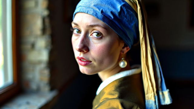 Create a raw portrait photograph inspired by 'Girl with a Pearl Earring', featuring a young woman with a pearl earring, soft natural lighting, and a cinematic composition