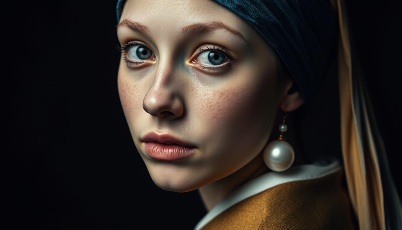 A portrait photograph of a girl with a pearl earring, inspired by the famous painting