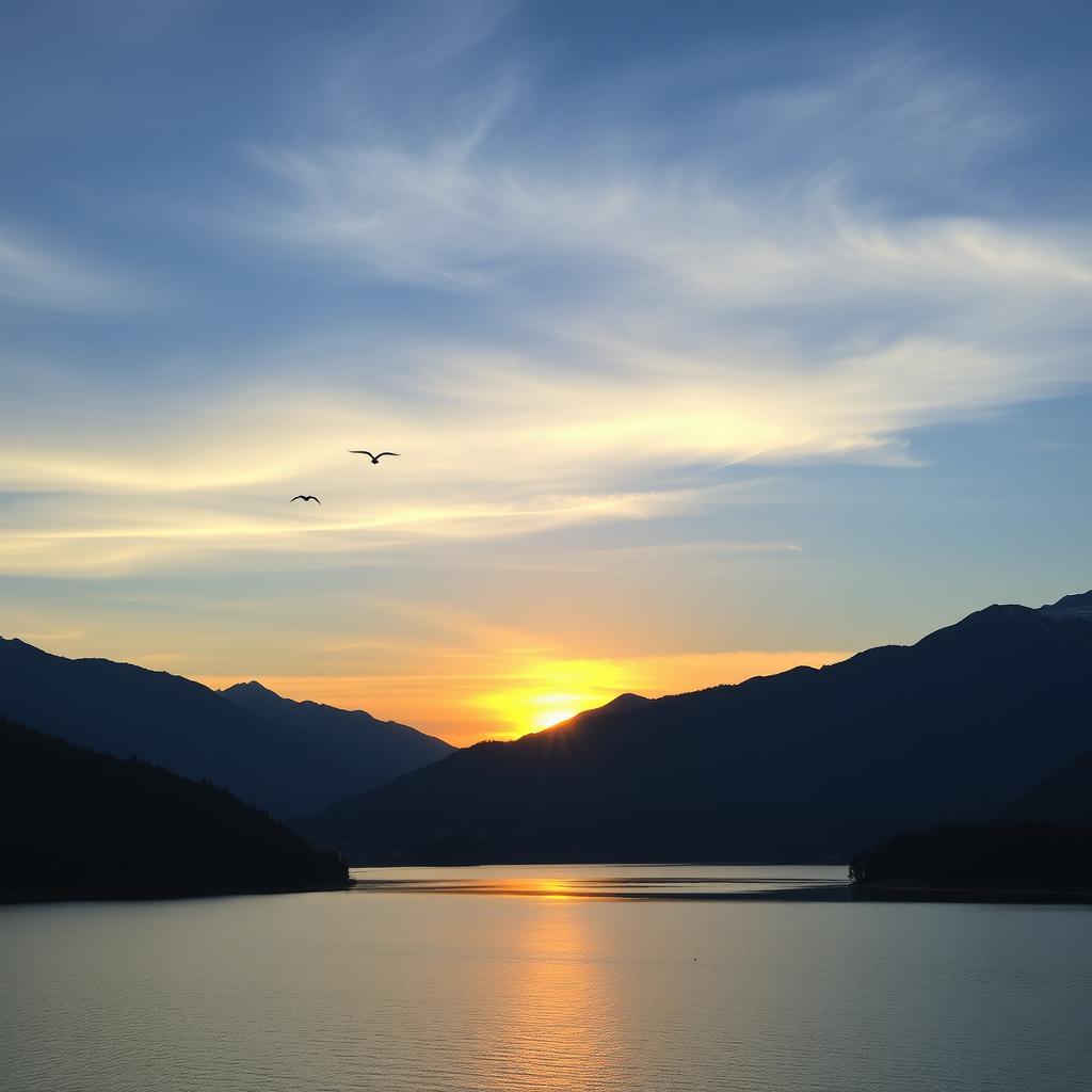 A beautiful sunset over a serene lake surrounded by mountains, with a few birds flying in the sky and the reflection of the sunset on the water