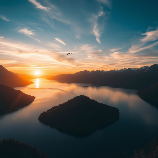 A beautiful sunset over a serene lake surrounded by mountains, with a few birds flying in the sky and the reflection of the sunset on the water