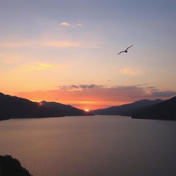 A beautiful sunset over a serene lake surrounded by mountains, with a few birds flying in the sky and the reflection of the sunset on the water