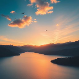 A beautiful sunset over a serene lake surrounded by mountains, with a few birds flying in the sky and the reflection of the sunset on the water