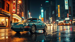 A vintage Porsche 911 parked on a wet city street at night