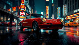 A vintage Porsche 911 parked on a wet city street at night