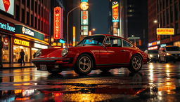 A vintage Porsche 911 parked on a wet city street at night