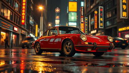 A vintage Porsche 911 parked on a wet city street at night