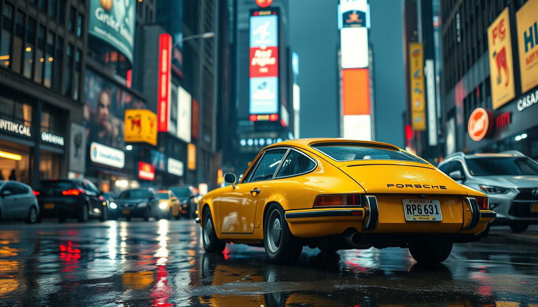 A vintage yellow Porsche 911 parked on a wet street at night