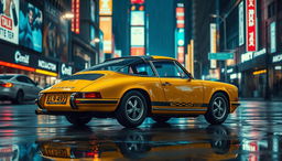 A vintage yellow Porsche 911 parked on a wet street at night