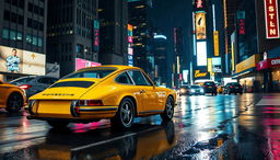 A vintage yellow Porsche 911 parked on a wet street at night