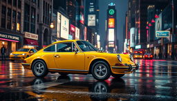 A vintage yellow Porsche 911 parked on a wet street at night