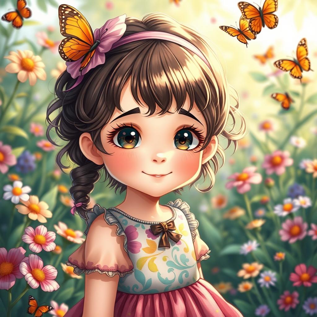 A detailed and beautifully illustrated image of a young girl with a cheerful expression, wearing a colorful dress, standing in a vibrant garden filled with flowers and butterflies