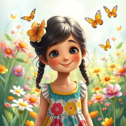 A detailed and beautifully illustrated image of a young girl with a cheerful expression, wearing a colorful dress, standing in a vibrant garden filled with flowers and butterflies