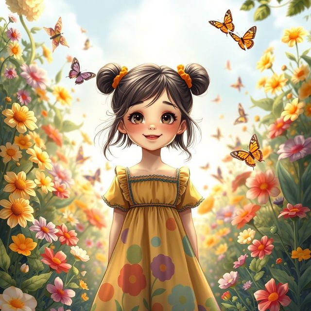 A detailed and beautifully illustrated image of a young girl with a cheerful expression, wearing a colorful dress, standing in a vibrant garden filled with flowers and butterflies