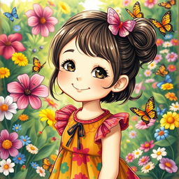 A detailed and beautifully illustrated image of a young girl with a cheerful expression, wearing a colorful dress, standing in a vibrant garden filled with flowers and butterflies