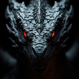 A close-up portrait of a black dragon with fiery red eyes