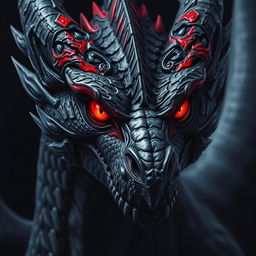 A close-up portrait of a black dragon with fiery red eyes