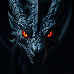 A close-up portrait of a black dragon with fiery red eyes