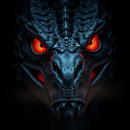 A close-up portrait of a black dragon with fiery red eyes