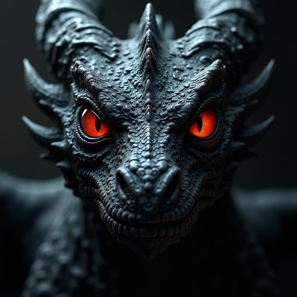 A close-up portrait of an ultra-detailed black gothic dragon with fiery red eyes ablaze, set against a dark and gritty background