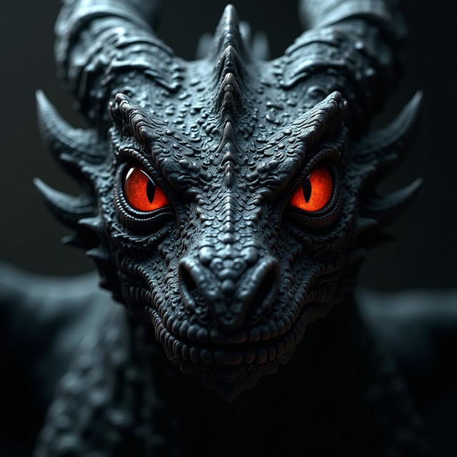 A close-up portrait of an ultra-detailed black gothic dragon with fiery red eyes ablaze, set against a dark and gritty background