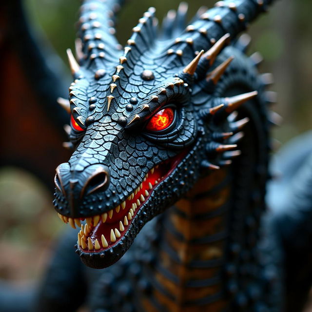 A close-up portrait of an ultra-detailed black gothic dragon with fiery red eyes ablaze, set against a dark and gritty background