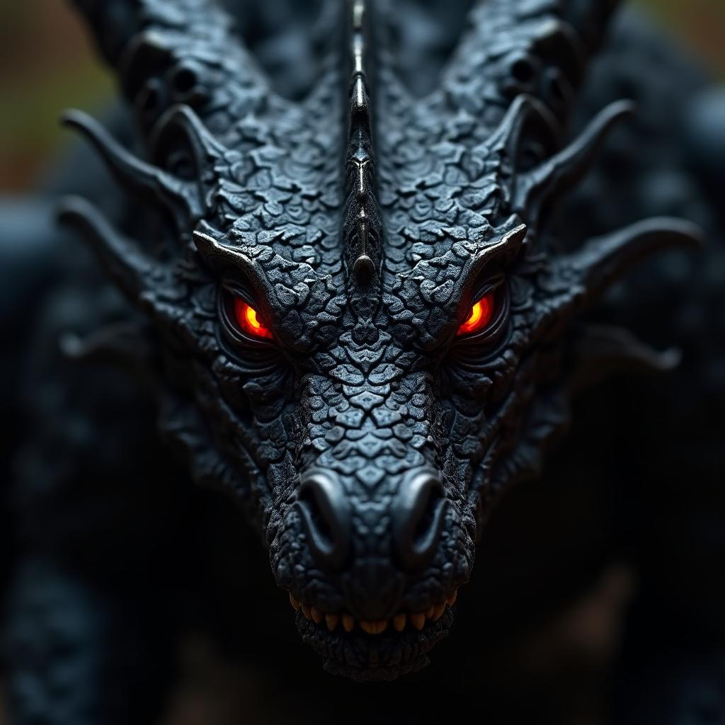 A close-up portrait of a fantasy black gothic dragon with fiery red eyes ablaze