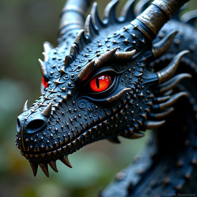 A highly detailed close-up portrait of a black gothic dragon with fiery red eyes, in a dark, gritty, and ornate style, resembling a 200mm photograph in 32k resolution