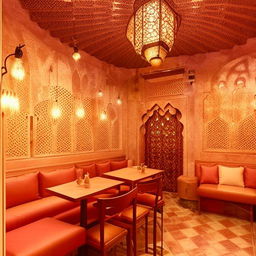 Design a 1600 sq ft Arabian Mandi eatery with budget-friendly interior, comprised of 30 percent kitchen area. Include traditional Middle Eastern architectural elements.