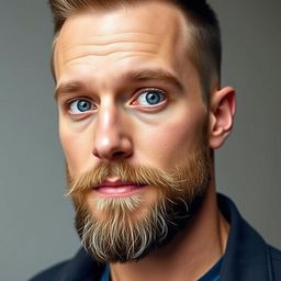 A handsome 35-year-old man with a well-groomed beard and striking blue eyes