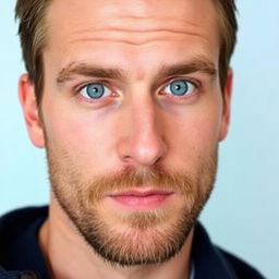 A handsome 35-year-old man with a well-groomed beard and striking blue eyes