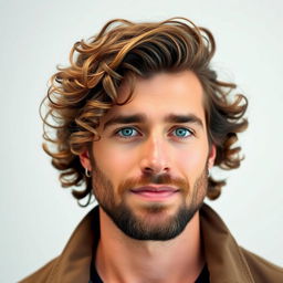 A handsome 35-year-old man with a well-groomed beard, striking blue eyes, and curly hair