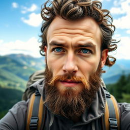 A handsome 35-year-old man with a well-groomed beard, striking blue eyes, and curly hair, hiking in a scenic outdoor setting