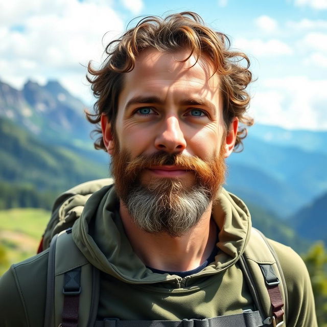 A handsome 35-year-old man with a well-groomed beard, striking blue eyes, and curly hair, hiking in a scenic outdoor setting