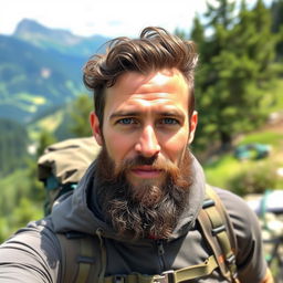 A handsome 35-year-old man with a well-groomed beard, striking blue eyes, and curly hair, hiking in a scenic outdoor setting