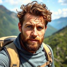 A handsome 35-year-old man with a well-groomed beard, striking blue eyes, and curly hair, hiking in a scenic outdoor setting