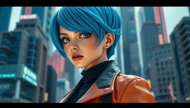 A cinematic composition raw photograph of a real-life version of Bulma from Dragon Ball