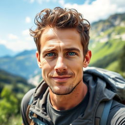 A handsome 35-year-old man with striking blue eyes, curly hair, and light scruff, hiking in a scenic outdoor setting