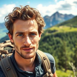 A handsome 35-year-old man with striking blue eyes, curly hair, and light scruff, hiking in a scenic outdoor setting