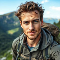 A handsome 35-year-old man with striking blue eyes, curly hair, and light scruff, hiking in a scenic outdoor setting