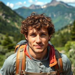 A handsome 35-year-old man with striking blue eyes, curly hair, and light scruff, hiking in a scenic outdoor setting