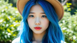 A raw photograph of an Asian girl with vibrant blue hair